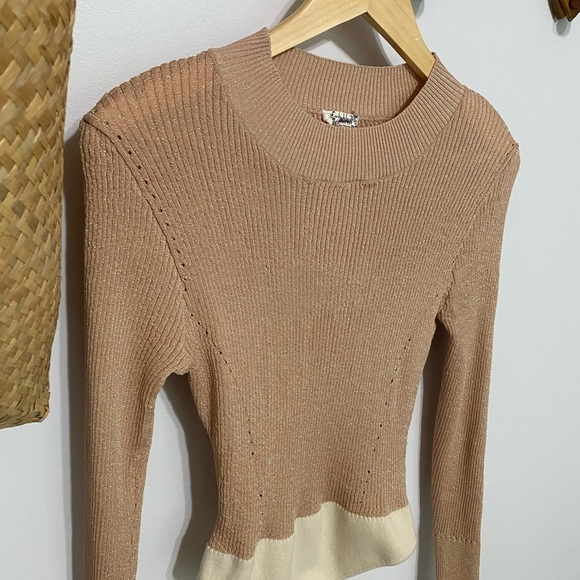 Free People Tan Metallic Shimmer Asymmetrical Fitted Bodysuit - Picture 2 of 4
